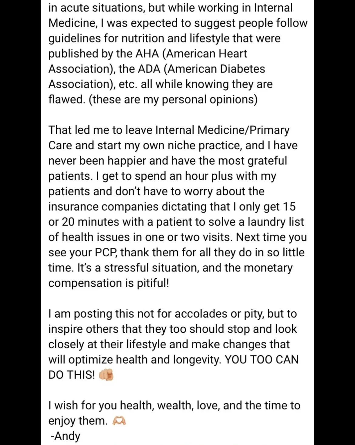 A screenshot of a text post discussing personal experiences with internal medicine, primary care, and lifestyle changes for health.