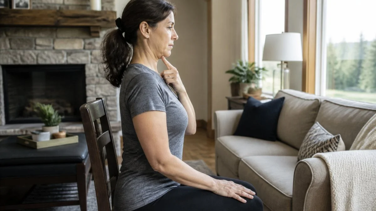 Woman in her 40s performing a chin tuck to correct forward head posture while seated in a chair at home.