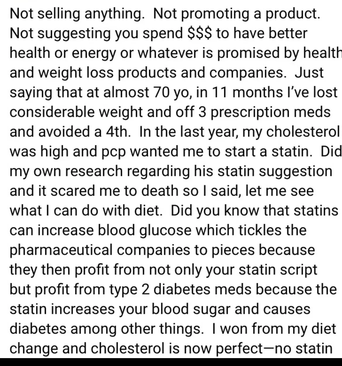 Text discussing personal health, weight loss, cholesterol, and the effects of statin medication.