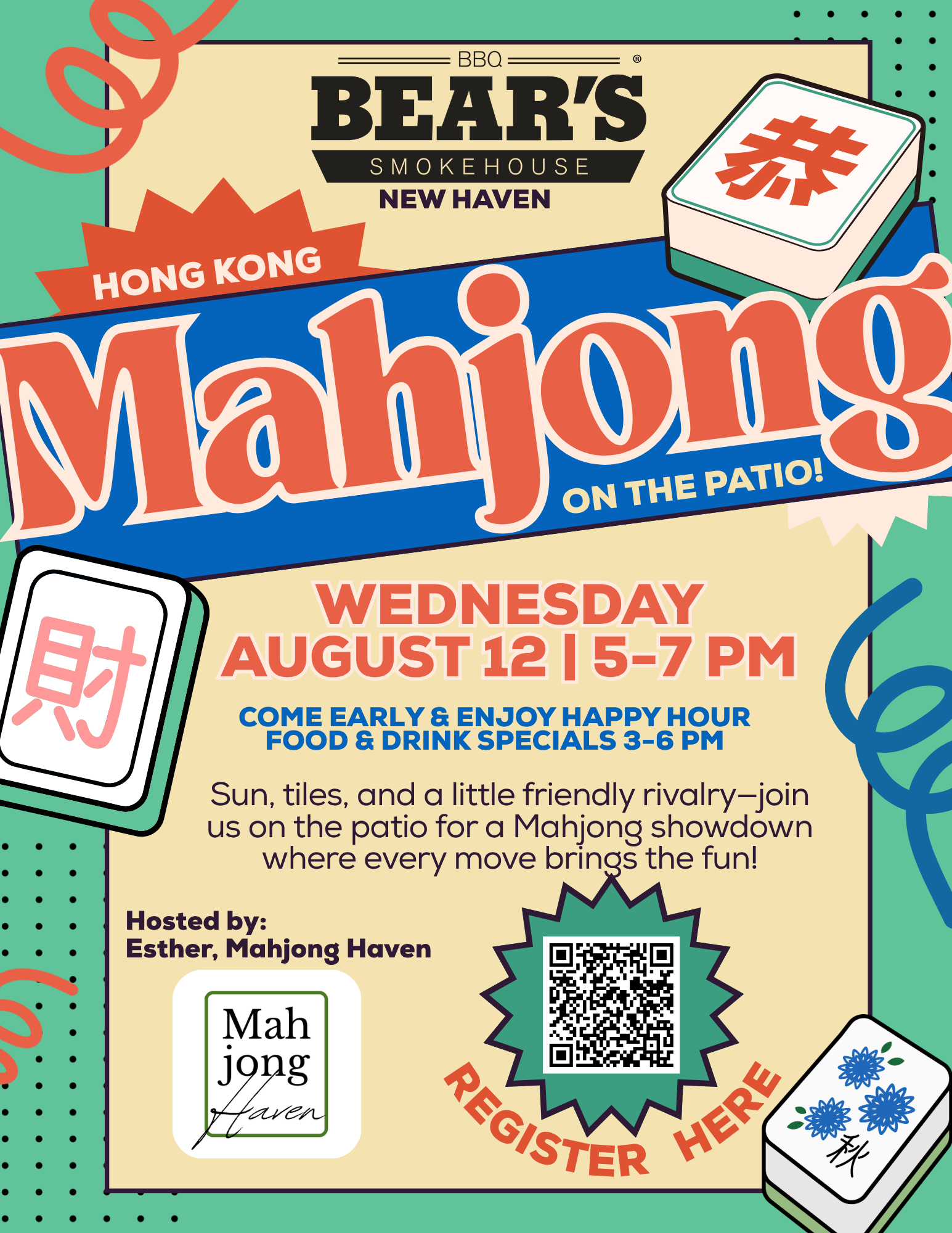 Mahjong on the Patio at Bears BBQ Smokehouse New Haven on August 12 from 5 to 7 pm