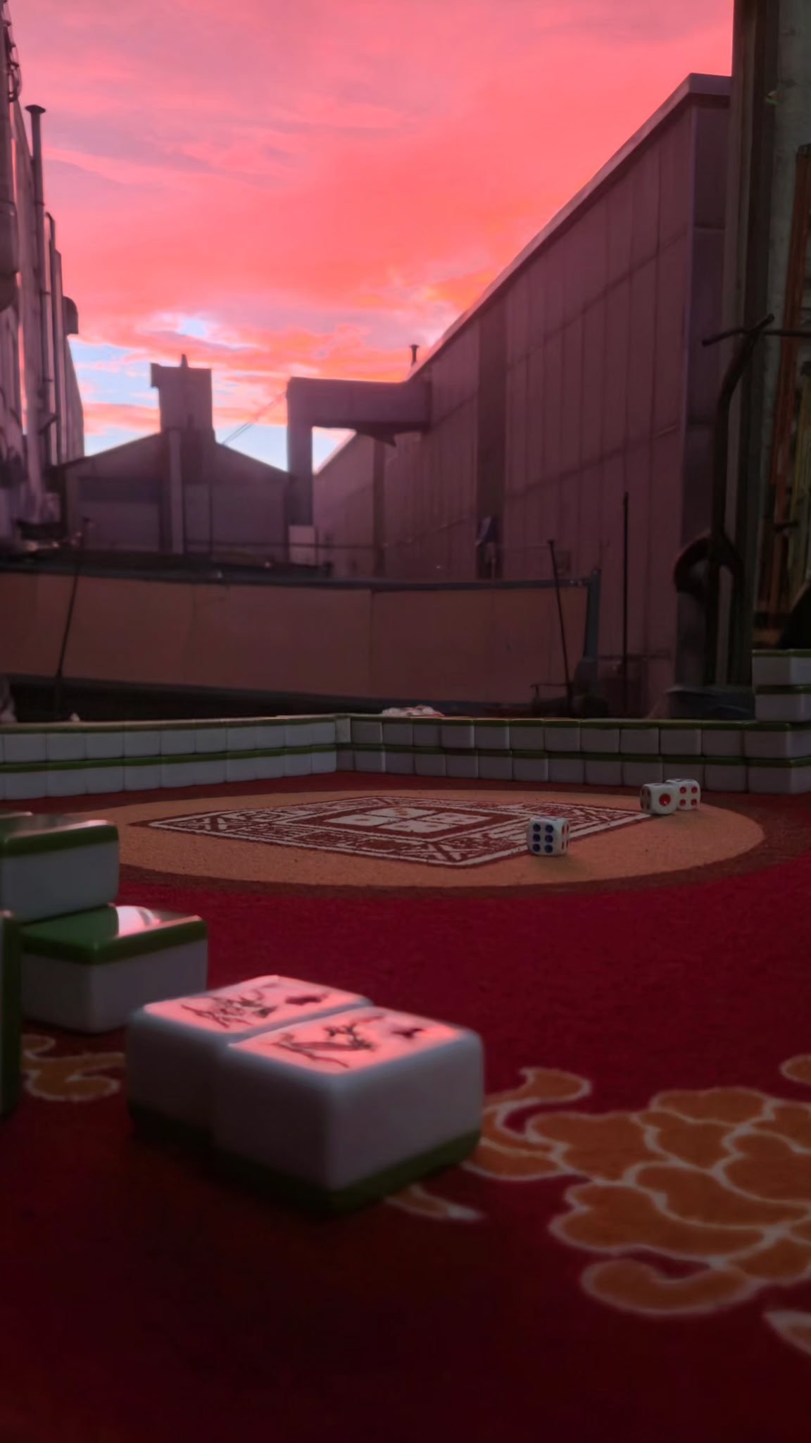 Sunset glowing onto a mahjong game