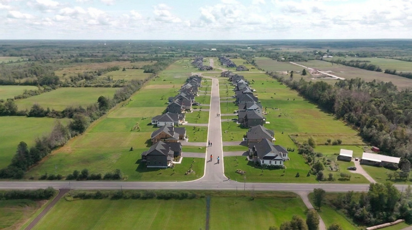 Aerial drone view of a new residential neighbourhood surrounded by farmland, Smithsfalls area real estate drone photography