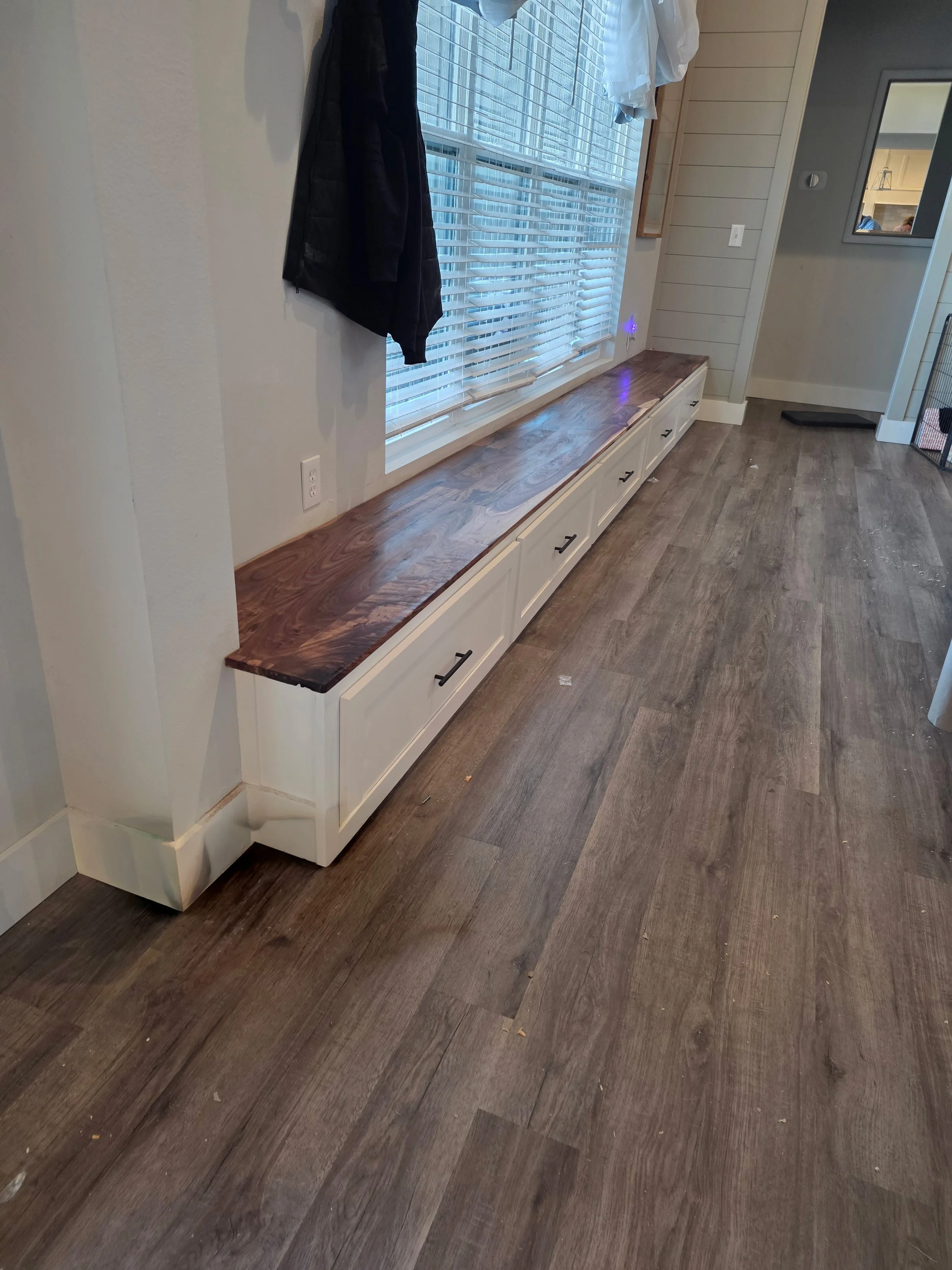 16' stretch of 5 slow-close shaker drawers. Custom 16" walnut bench top.