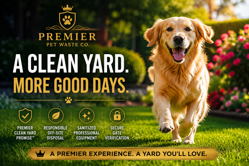 A promotional image for Premier Pet Waste Co. featuring a happy golden retriever dog on a well-kept lawn with colorful flowers and greenery in the background. The text emphasizes yard cleanliness and responsible waste disposal.