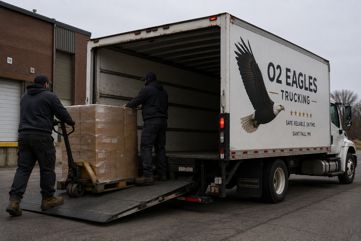 Two workers loading a pallet of boxes into a delivery truck with Eagles Trucking branding, including an eagle graphic and text that says '02 Eagles Trucking, Safe Reliable On Time, Saint Paul, MN'.