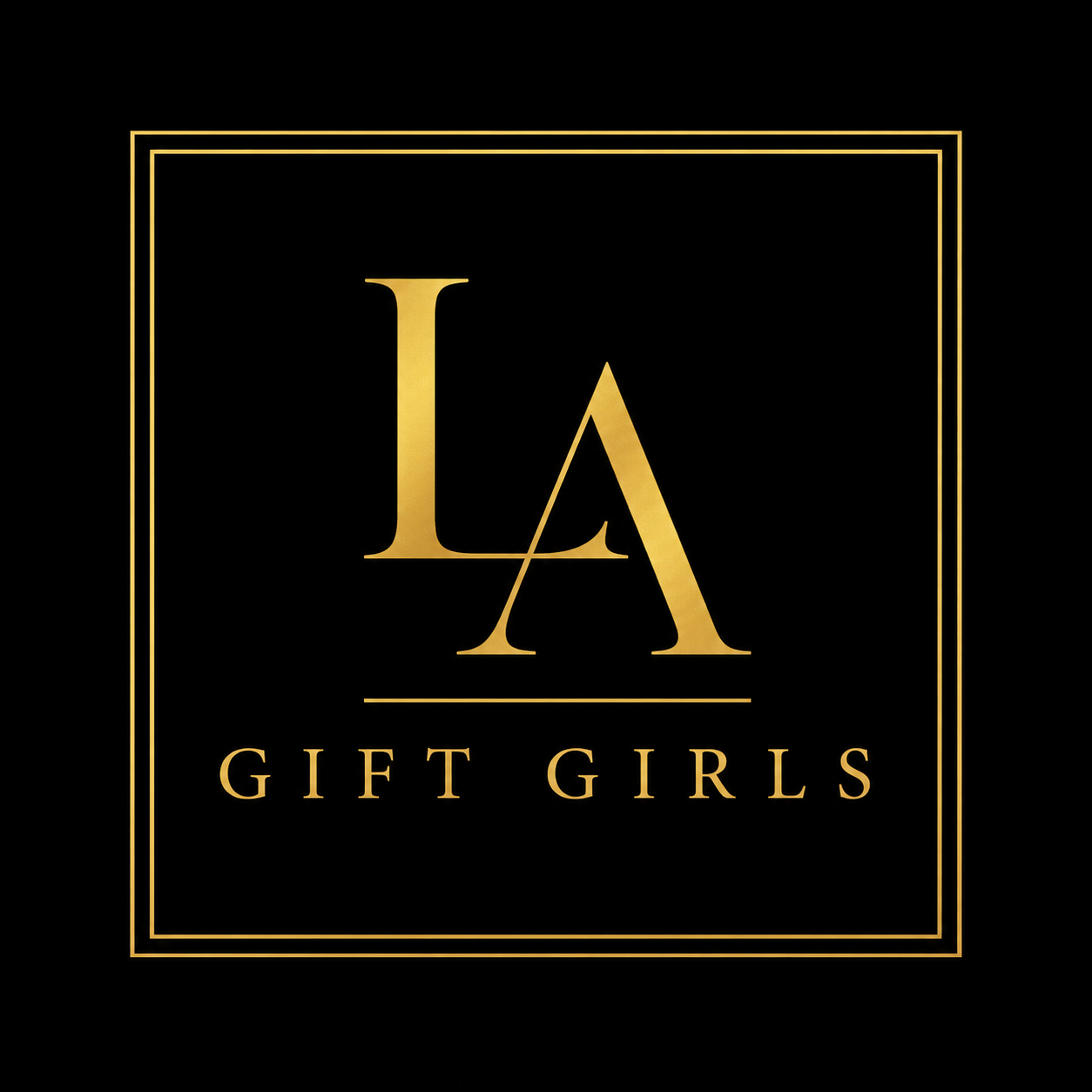 Black background with gold text and border. Large gold initials 'LA' in the center, with 'GIFT GIRLS' written below.