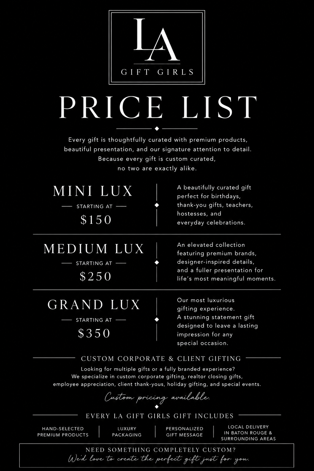 Price list for LA Gift Girls, with three gift options: Mini Lux starting at $150, Medium Lux starting at $250, and Grand Lux starting at $350. Descriptions detailed for each, and additional information on custom corporate and client gifting, and premium gift services.