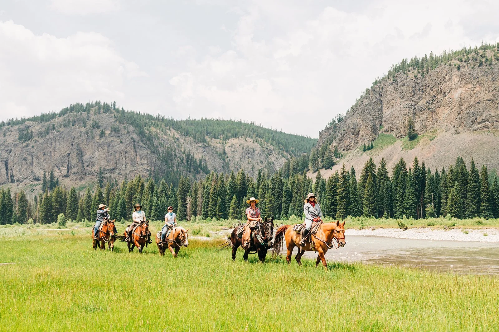 Five people riding horses in a green field near a river, with pine trees and mountains in the background on a sunny day.