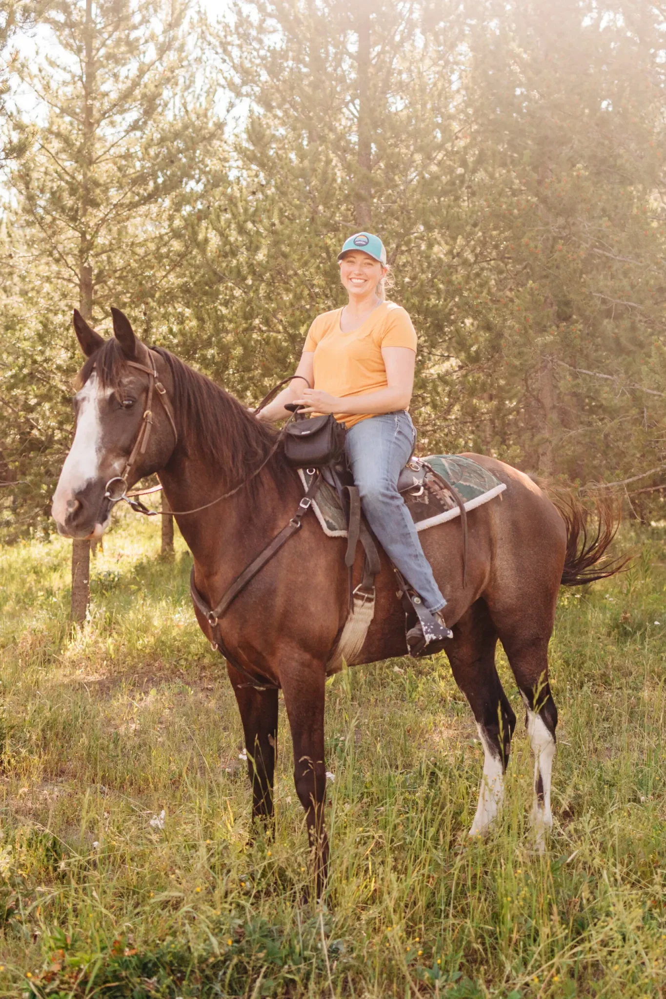 A smiling woman riding a brown horse in a grassy field with trees in the background during sunset.