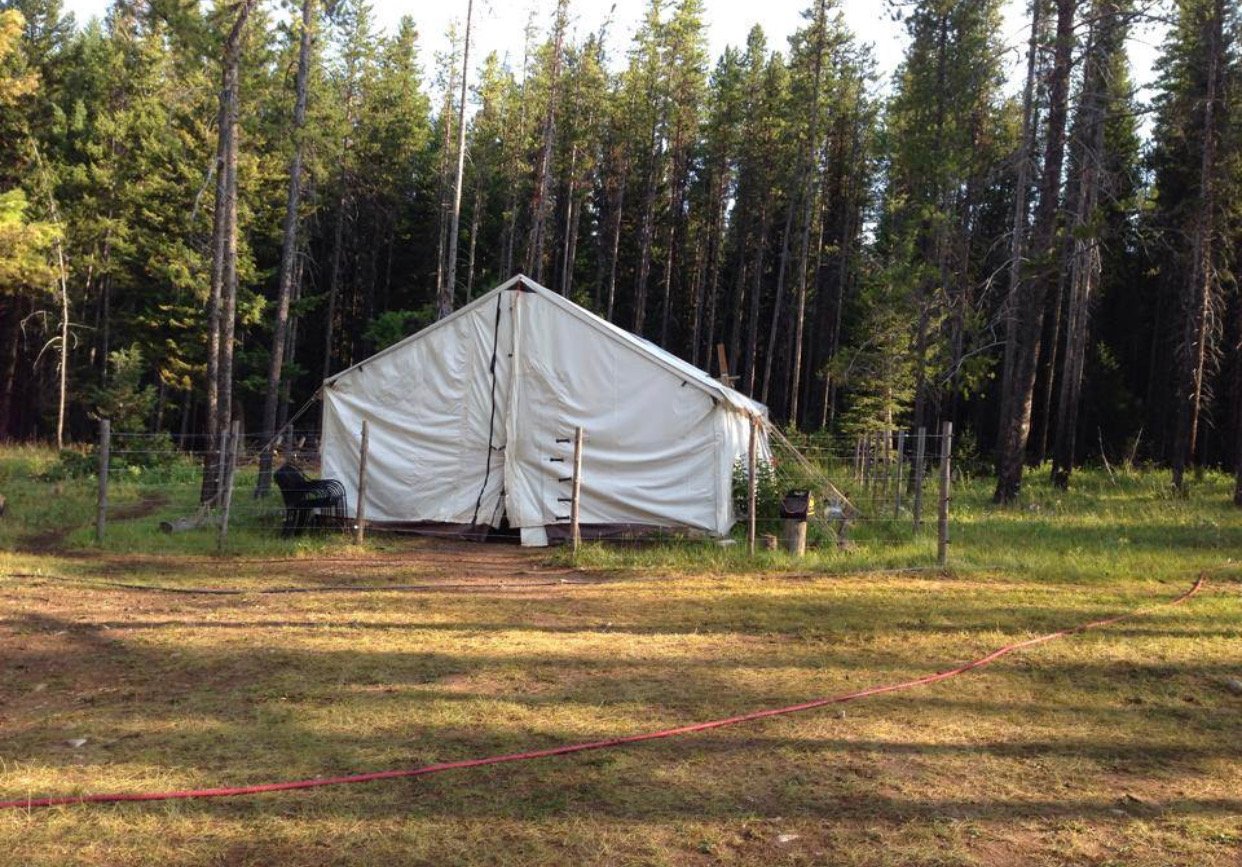 A white canvas tent set up in a wooded area surrounded by a wire fence. There are trees behind the tent and some outdoor chairs near the entrance.