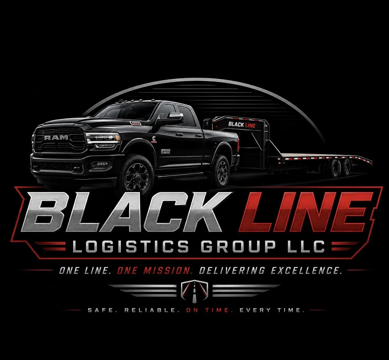 A black RAM truck with a flatbed trailer against a black background, with the words 'Black Line Logistics Group LLC' and slogans about reliability and excellence.
