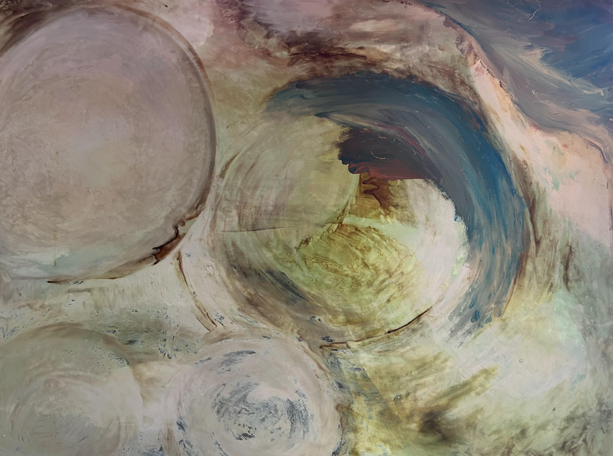 Abstract painting with swirling colors including blues, pinks, browns, and whites.