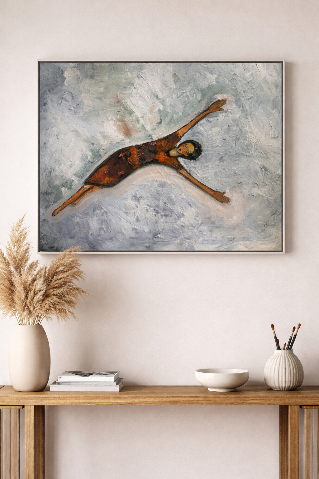 Painting of a woman in a swimsuit diving underwater.