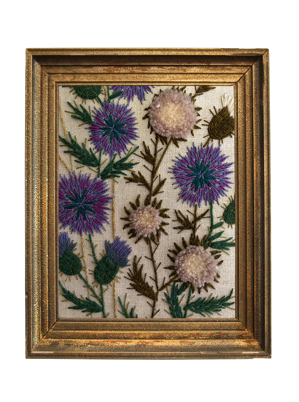 embroidery with purple flowers