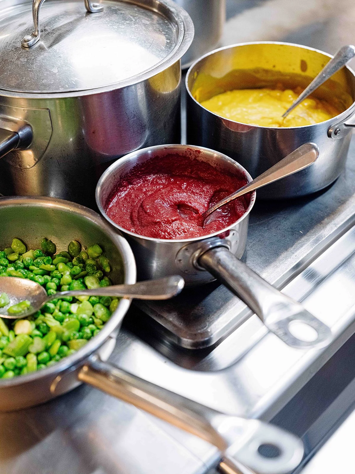 Différents bocaux contenant des purées de légumes, tels que des petits pois, de la purée de tomate et de la purée de pommes de terre, sur une surface en acier inoxydable.