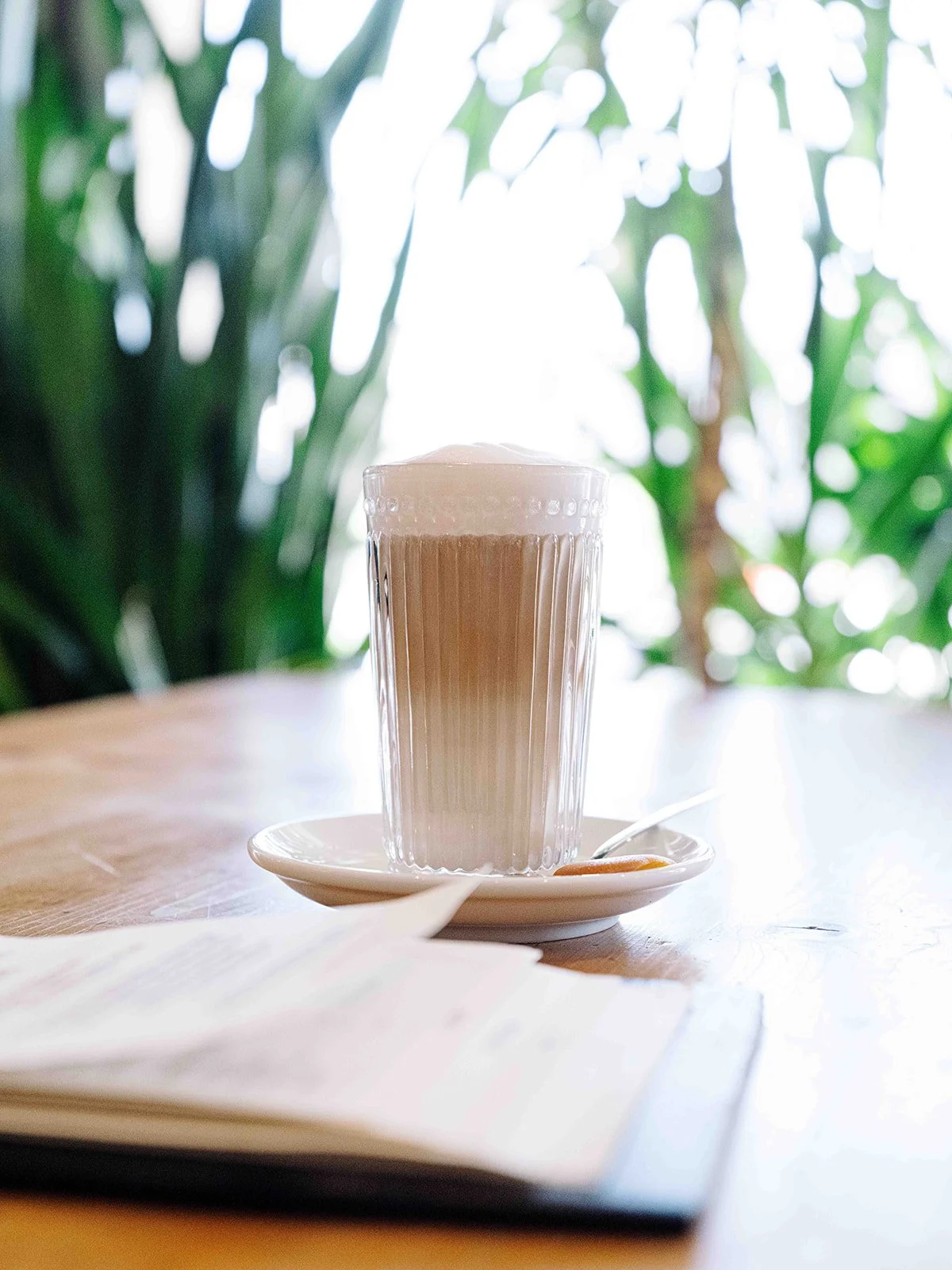 Un verre de café latte avec de la mousse sur le dessus, placé sur une assiette blanche avec une cuillère, sur une table en bois devant des plantes vertes en arrière-plan.
