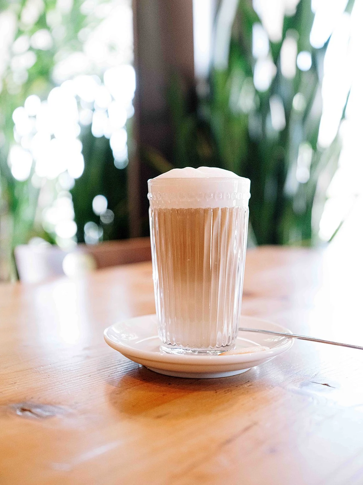 Un verre de café latte à la crème fouettée sur une assiette blanche, placé sur une table en bois. En arrière-plan, des plantes vertes et un éclairage naturel liquide
