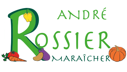 Logo de André Rossier Maraîcher avec des illustrations de légumes comme une carotte, une tomate, une aubergine, et une citrouille.