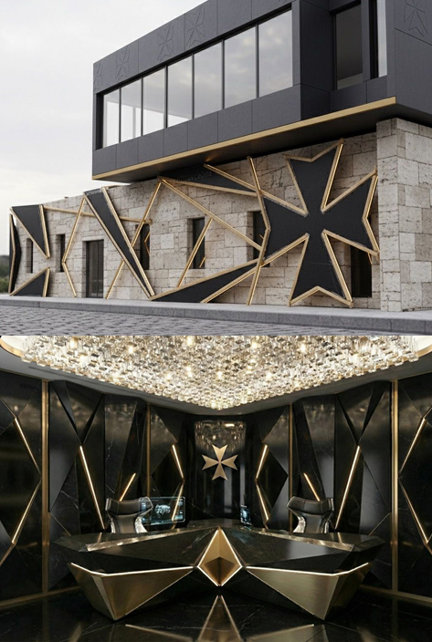 Modern building with large black and gold star decorations on the exterior and interior, featuring geometric design elements and a chandelier ceiling.