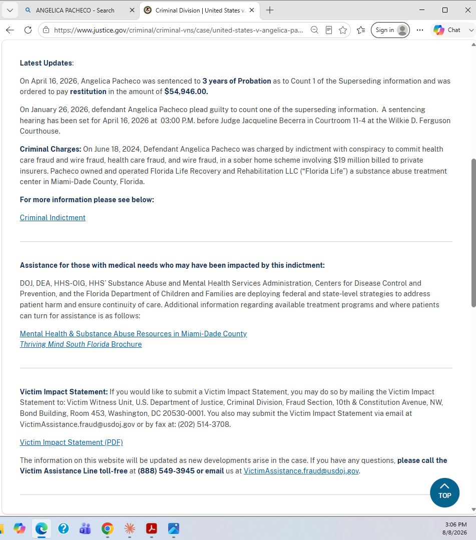 Screenshot of a webpage about Angelica Pacheco's legal case, detailing her sentencing, criminal charges, assistance resources, and victim impact statement information.