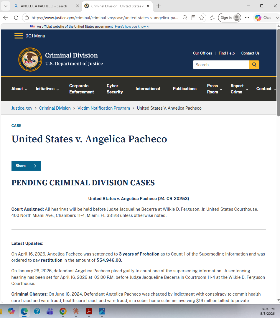 Screenshot of a U.S. Department of Justice webpage displaying legal information for a criminal case involving Angelica Pacheco, including case details, court assigned, latest updates, and charges.