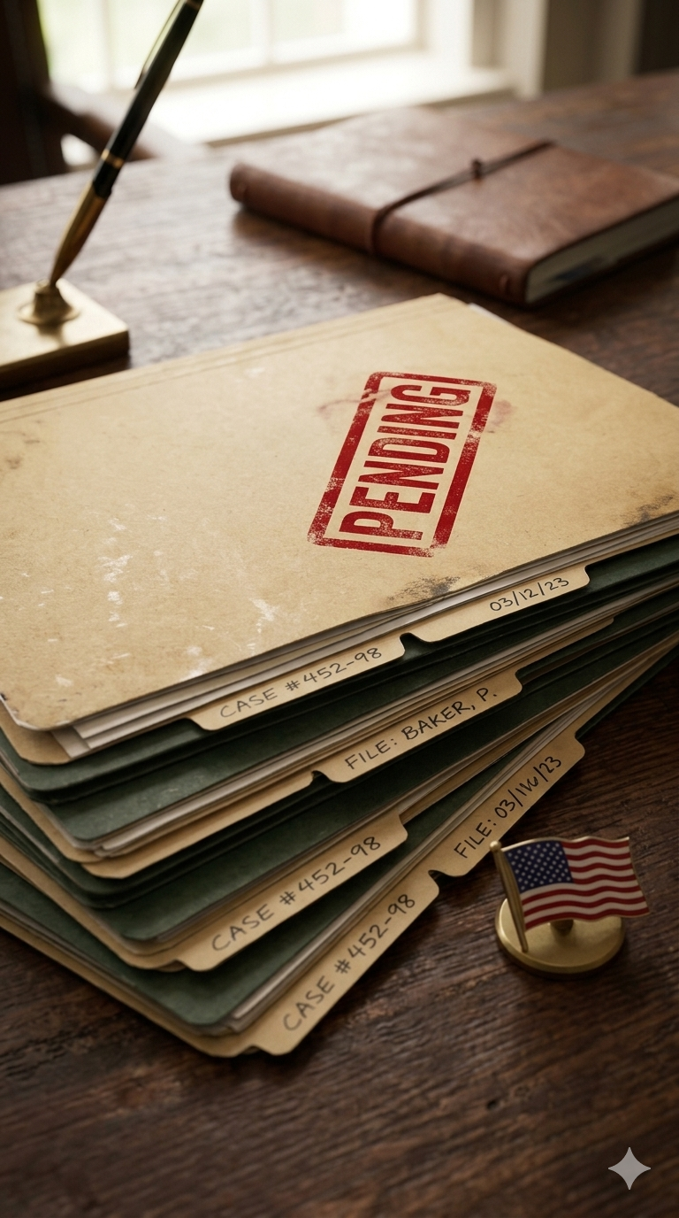 Folder labeled 'PENDING' on a desk with files and folders, a small American flag pin, a pen in a stand, and a window in the background.