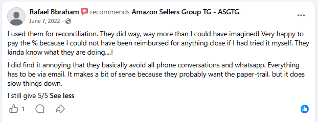 Amazon seller recommendation for ASGTG dated June 7, 2022