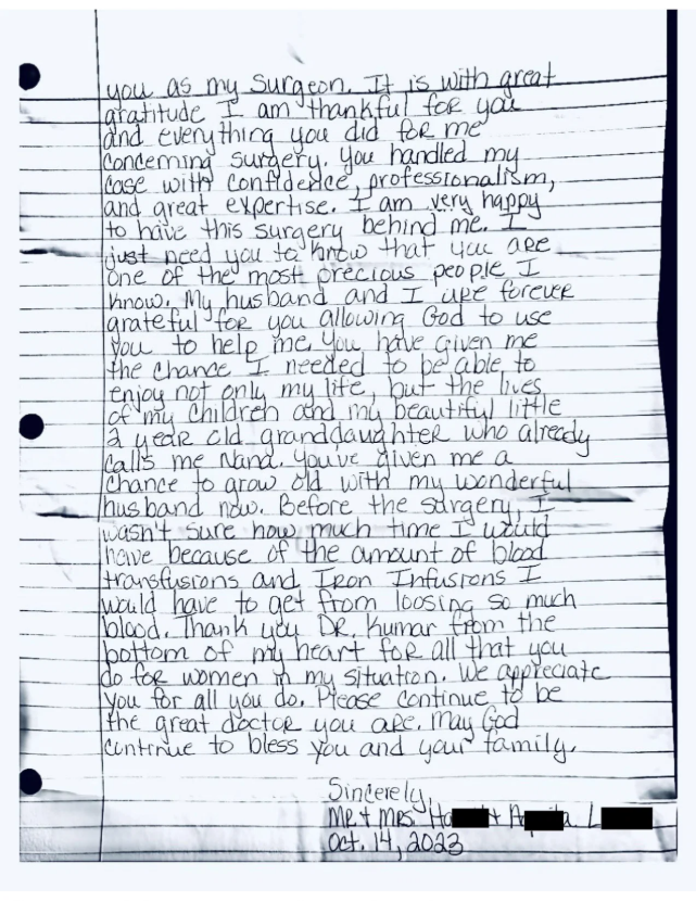 Handwritten letter from a patient dated 14 October 2023, six months before the search warrant. Names redacted.