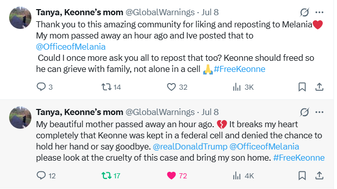 Two tweets from Tanya, Keonne's mom, with text about her mother's passing and her son Keonne. The tweets include emotional messages and a hashtag #FreeKeonne.