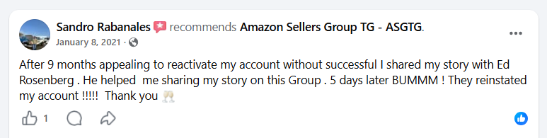 Amazon seller recommendation for ASGTG dated January 8, 2021