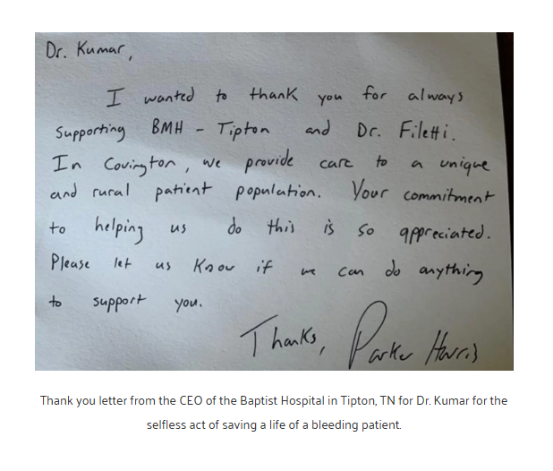 Handwritten thank you letter from Parker Harris to Dr. Kumar, expressing gratitude for support in providing care to rural patients at Baptist Hospital in Tipton, Tennessee.