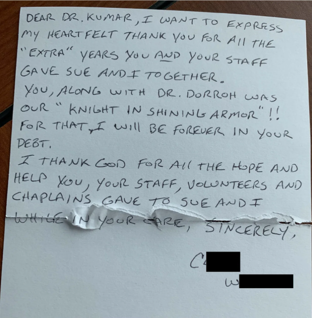 Handwritten note from the husband of a patient thanking Dr. Kumar and his staff.