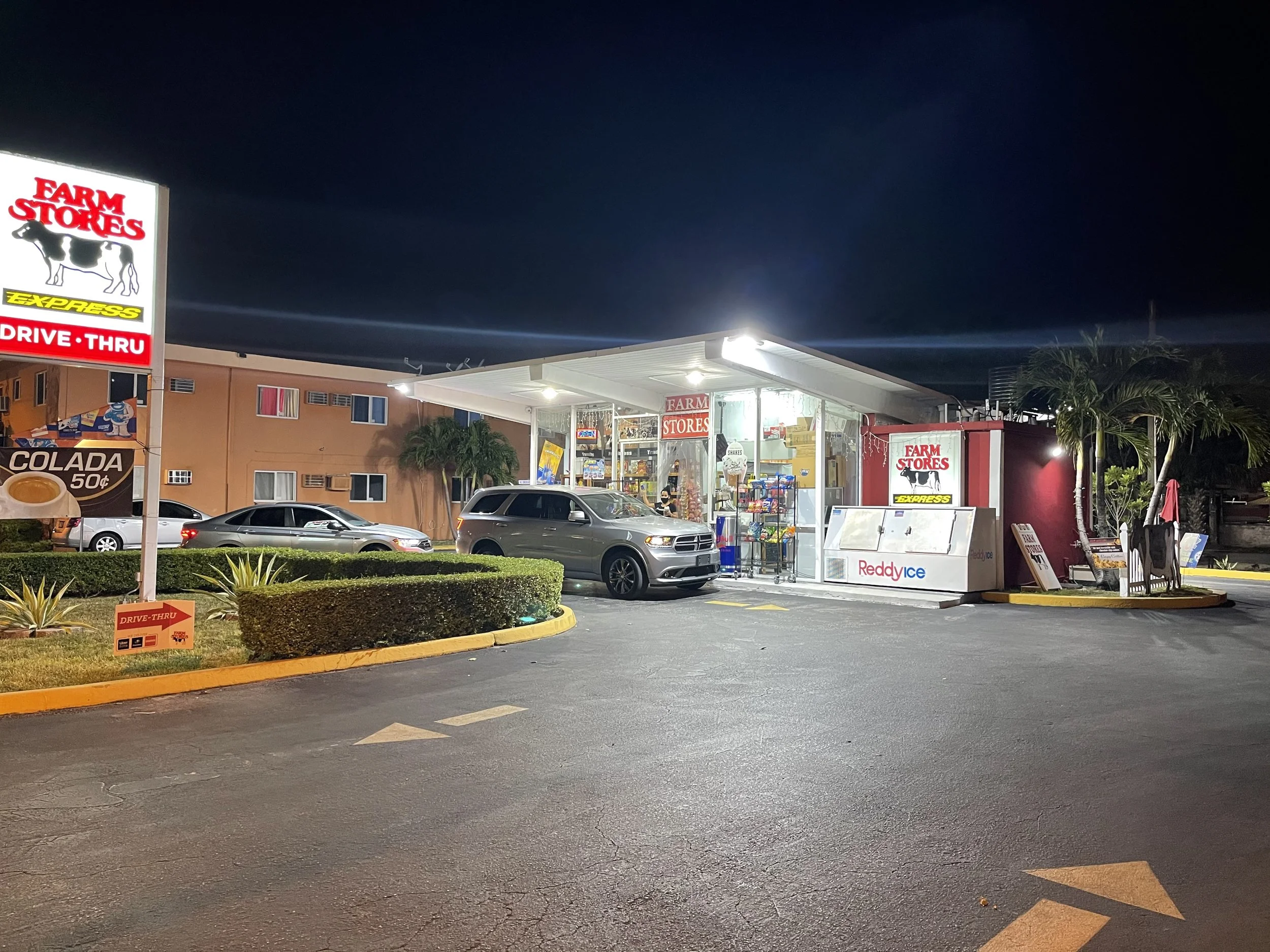 Nighttime scene of a drive-thru convenience store called 'Farm Stores' with parked cars, illuminated signs, and a building with a few windows, trees, and a clear dark sky.