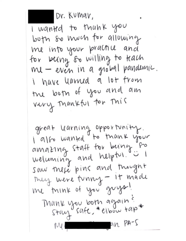 Handwritten thank-you note from a physician assistant student who trained at the clinic during the COVID-19 pandemic.