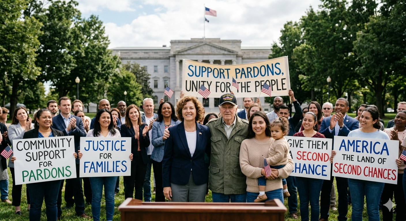 A group of diverse people gathered on the lawn in front of a government building, holding signs that support pardons and second chances, with some waving small American flags.