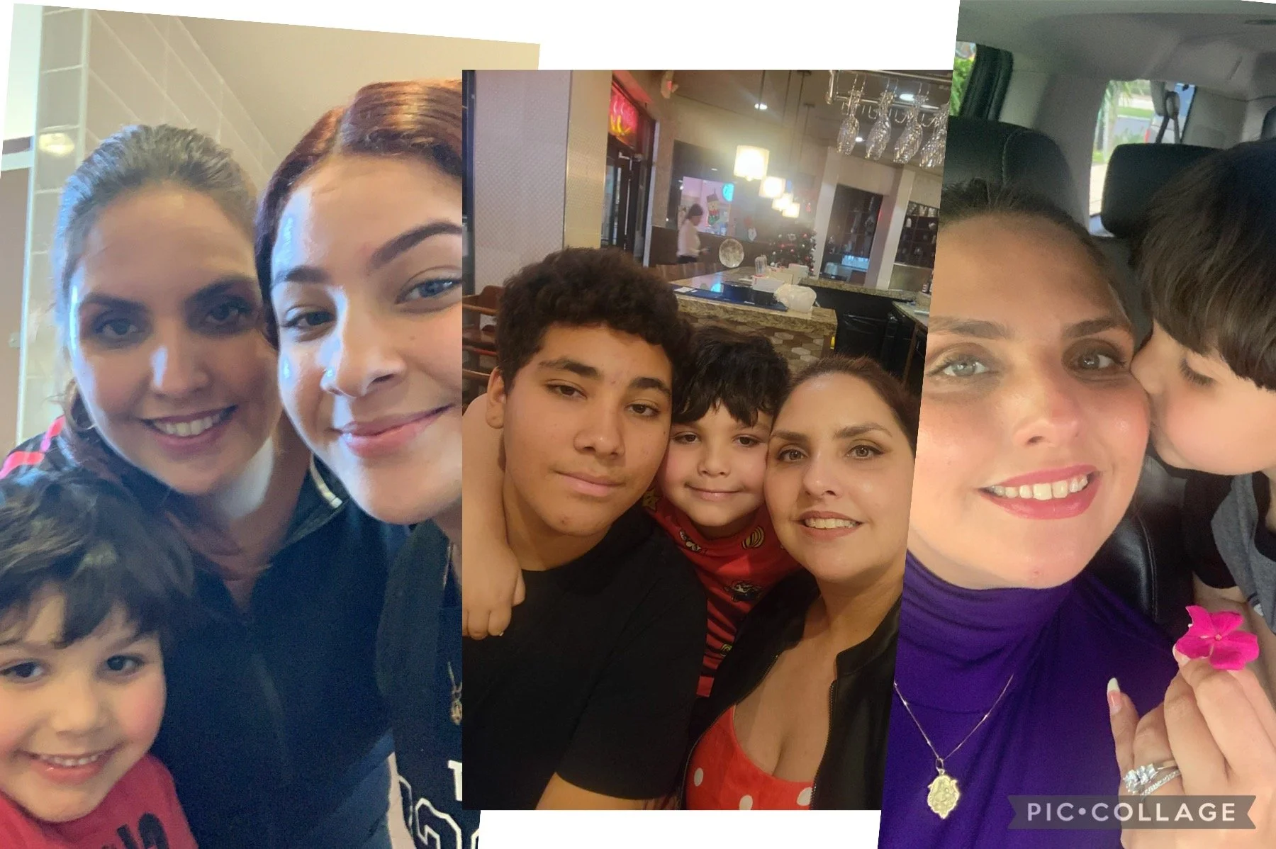 Collage of three photos featuring a woman with light skin and dark hair, and children. In the first photo, she is with a young girl in an indoor setting. The second photo shows her with three children smiling in a restaurant or cafe. The third photo captures her in a car, kissing a young boy on the cheek with a pink flower in her hand.