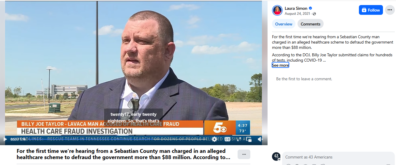 News screenshot showing Billy Joe Taylor, a Caucasian man in a suit and tie, being interviewed outdoors with a blue sky and some trees in the background. The lower third graphic includes headlines about a healthcare fraud investigation and an alleged scheme to defraud the government.