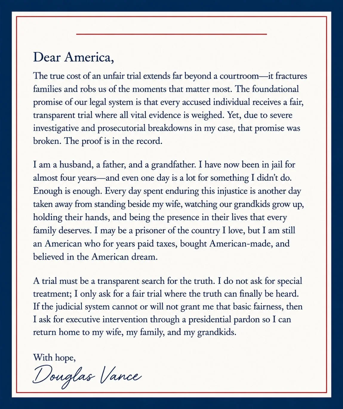 Letter addressed to America discussing the justice system, incarceration, and the author's personal story, signed by Douglas Vance.