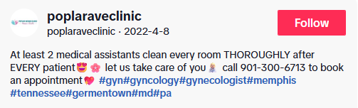 Instagram post from the account poplaraveclinic, 8 April 2022, stating that at least two medical assistants clean every room thoroughly after every patient