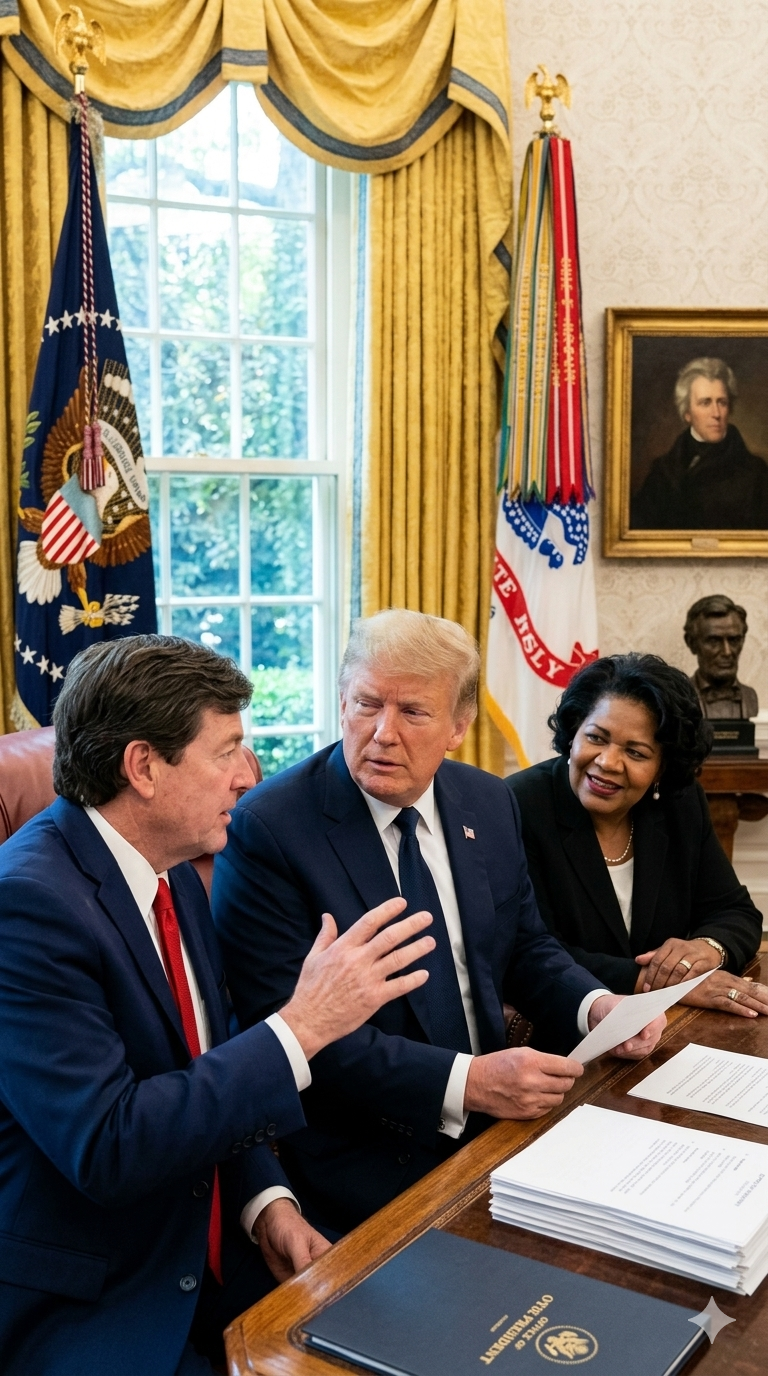 Three people sitting at a table in the Oval Office with documents. Donald Trump is in the center, wearing a suit and tie, listening to the man on his left. The woman on his right is smiling. The background includes gold curtains, flags, a portrait, and a bust.