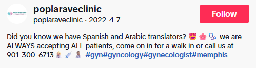 Instagram post from the account poplaraveclinic, April 2022, advertising Spanish and Arabic translators and walk-in appointments