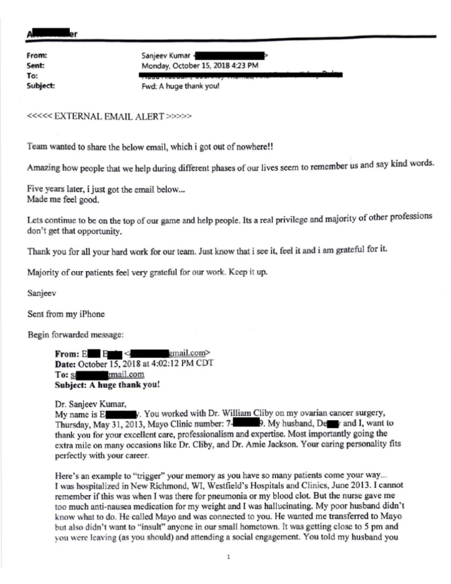Screenshot of an email conversation between Sanjeev Kumar and a patient, dated October 15, 2018, discussing gratitude and a thank you message for healthcare professionals.