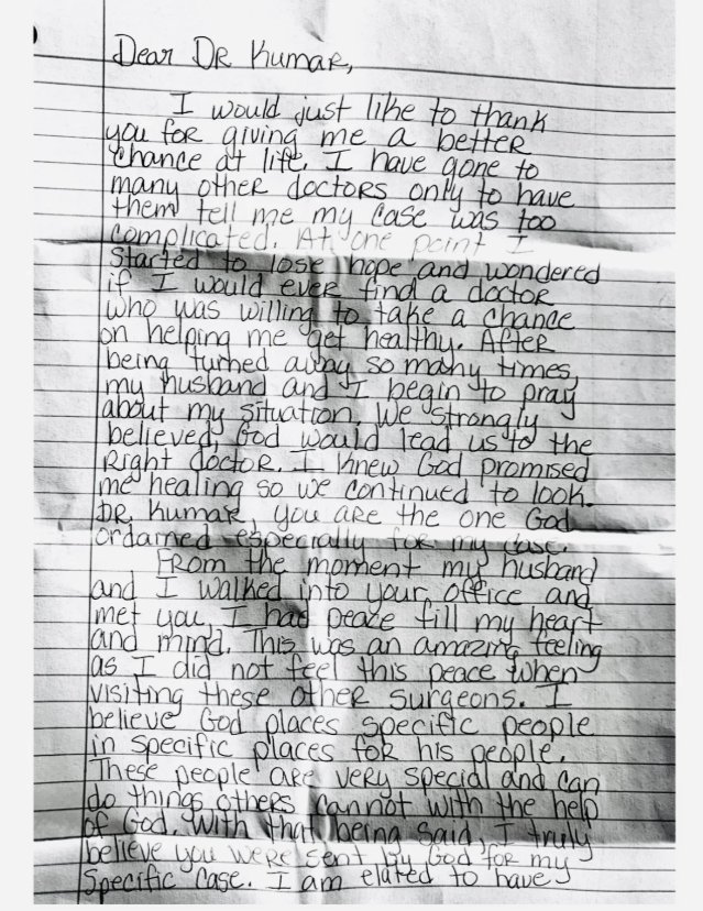 Handwritten letter from a patient, page one, dated October 2023, with names redacted.