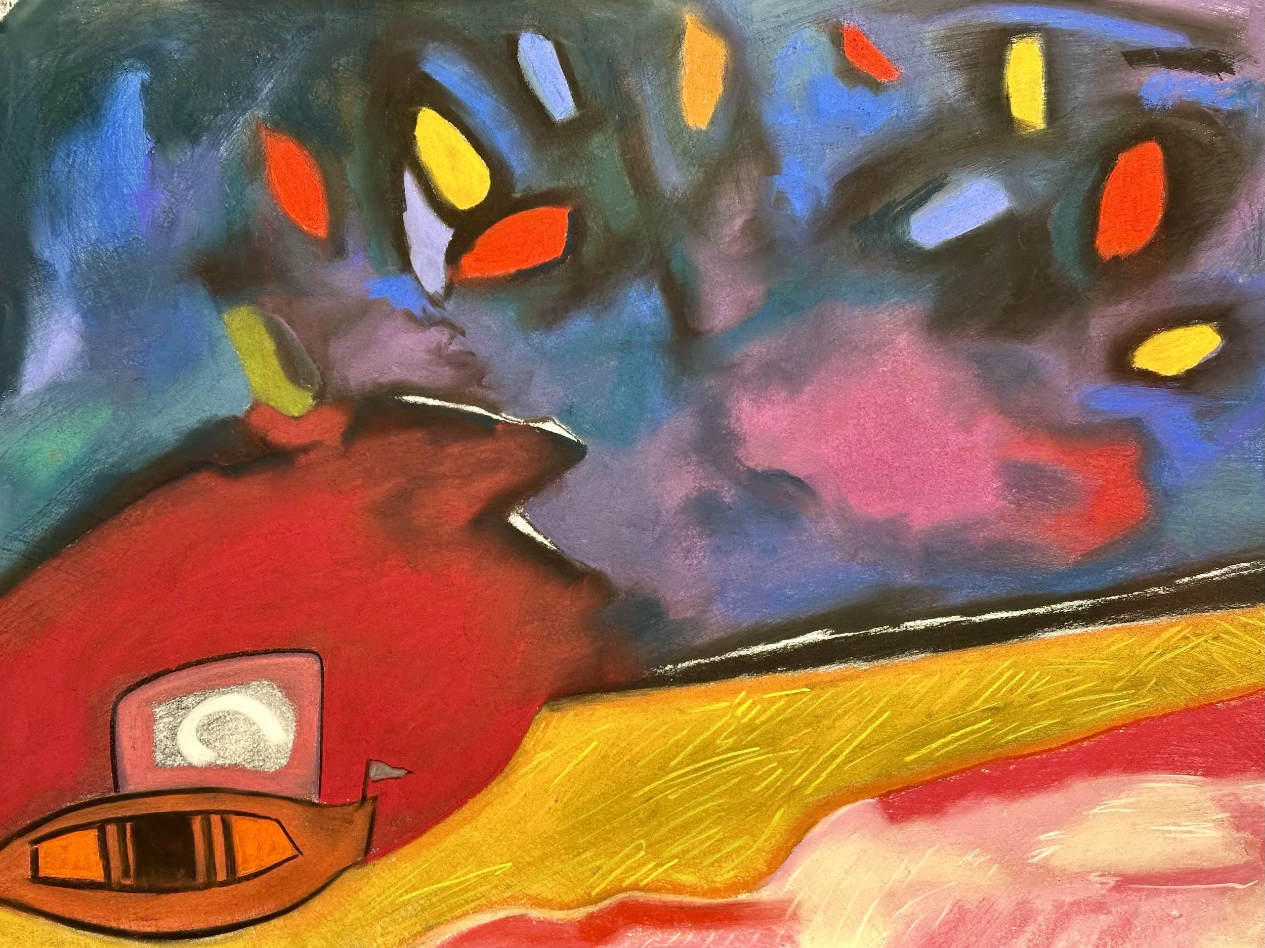 Close-up of a colorful abstract painting with vibrant colors and bold brushstrokes.