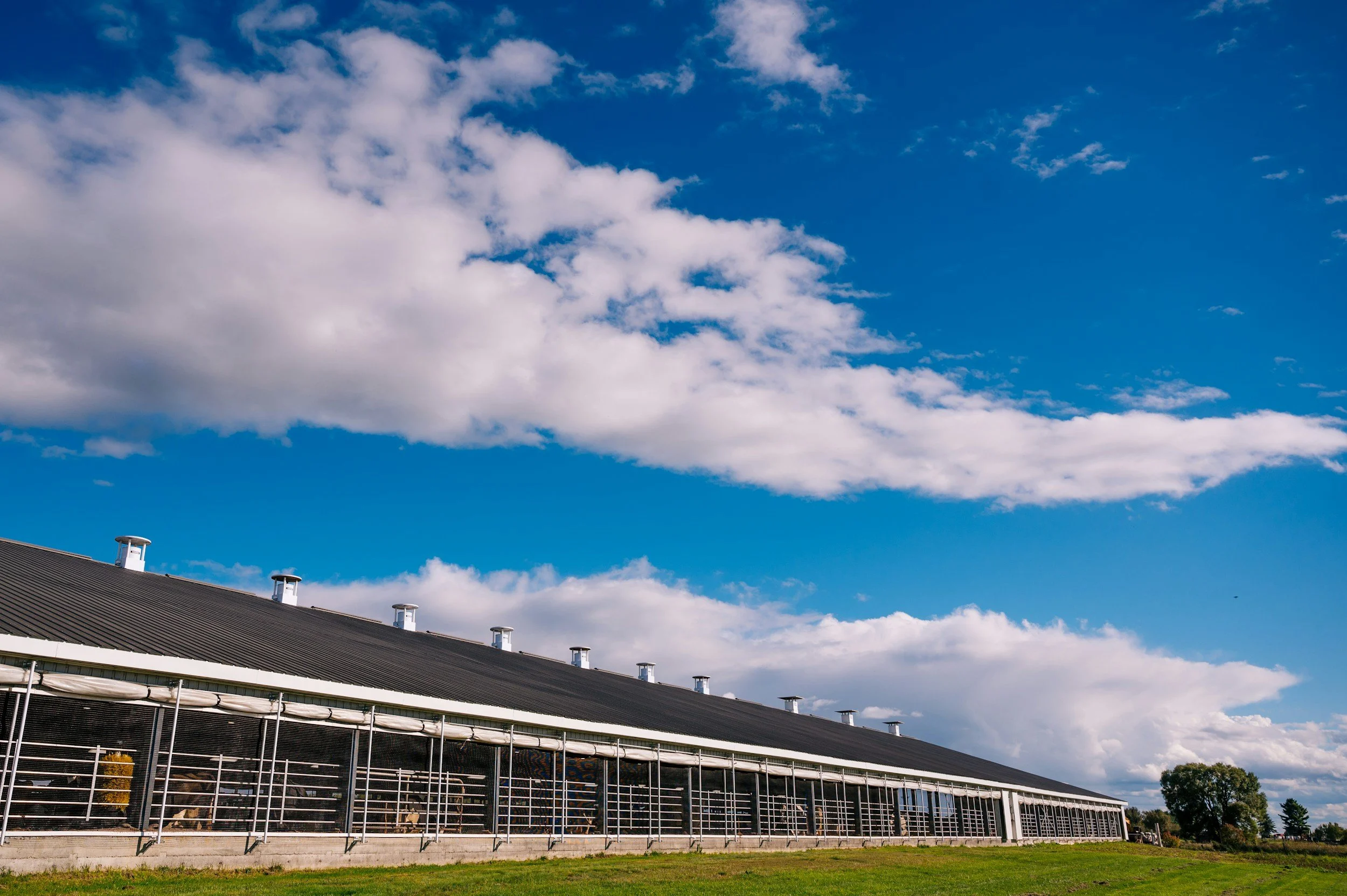 A building with a black roof and several small chimneys on top, surrounded by a chain-link fence, under a blue sky with scattered white clouds.