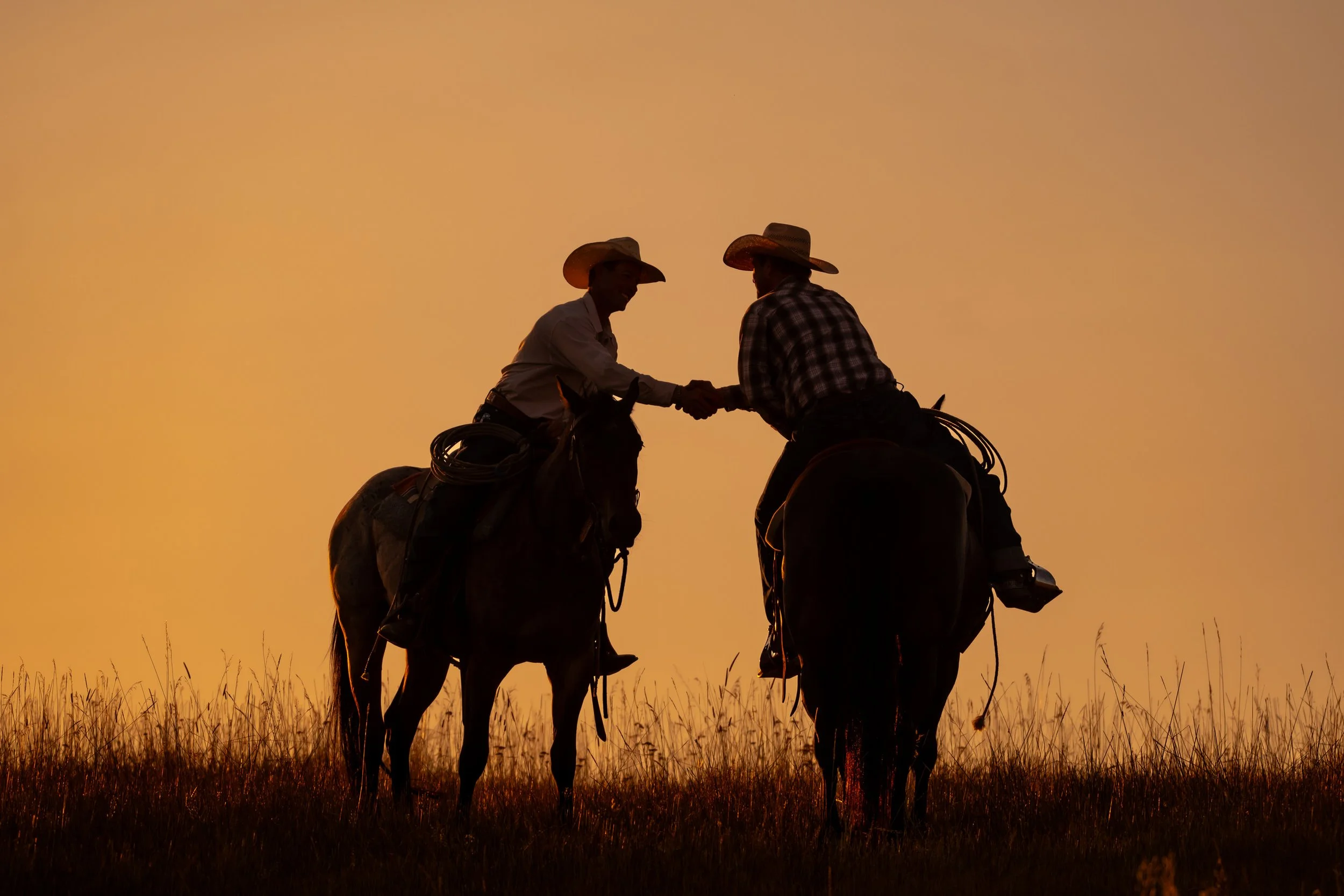 Silhouettes of two cowboys on horseback shaking hands at sunset.