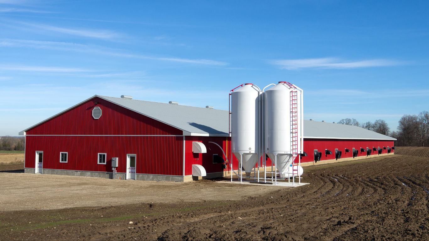A large red barn on farmland with two white grain silos beside it, under a blue sky.