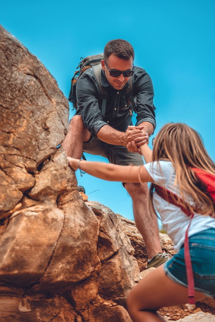A man helping a young girl climb up a rocky formation outdoors against a clear blue sky.