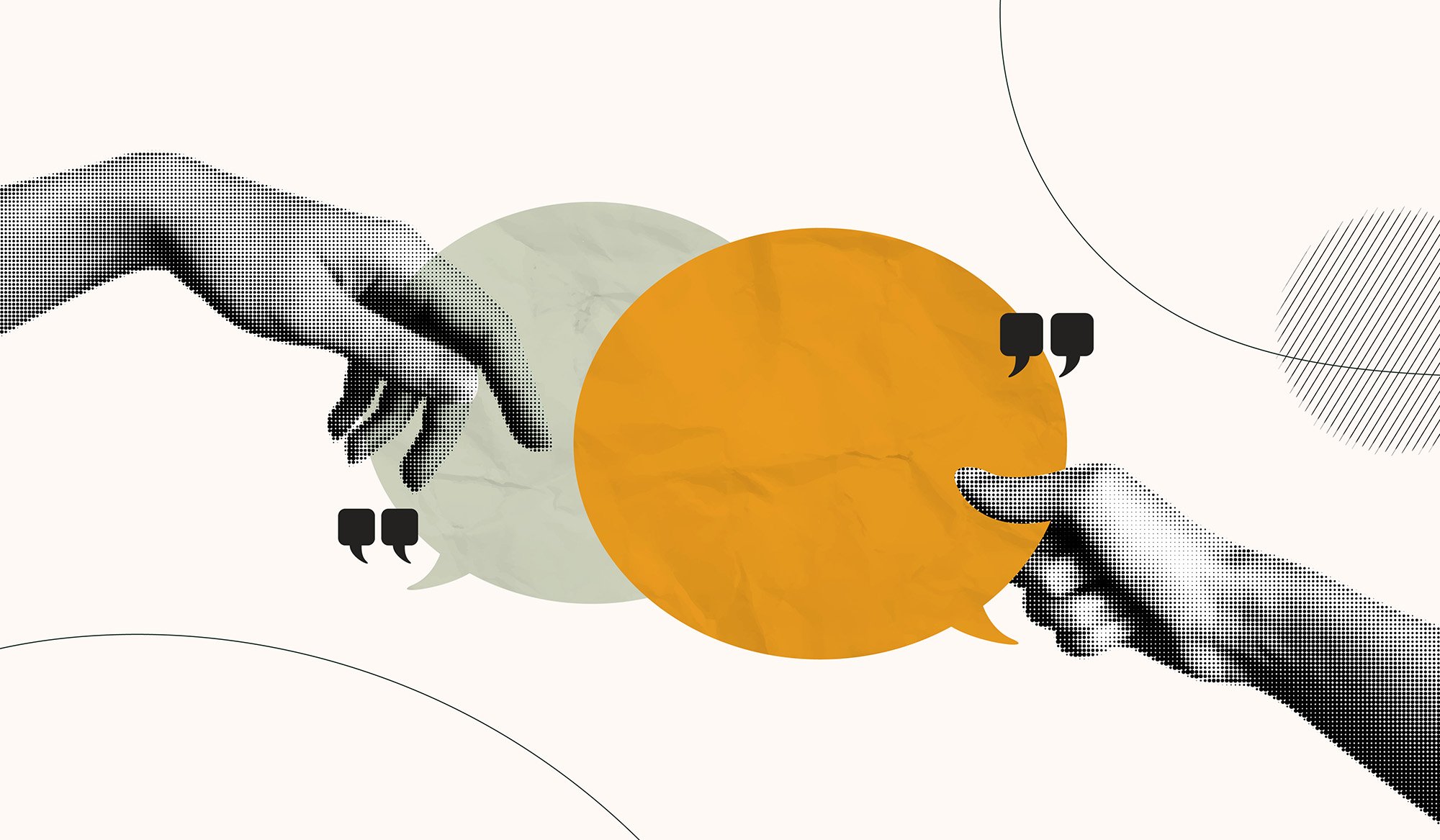 Two hands exchanging speech bubbles on a beige background with abstract circles and lines.