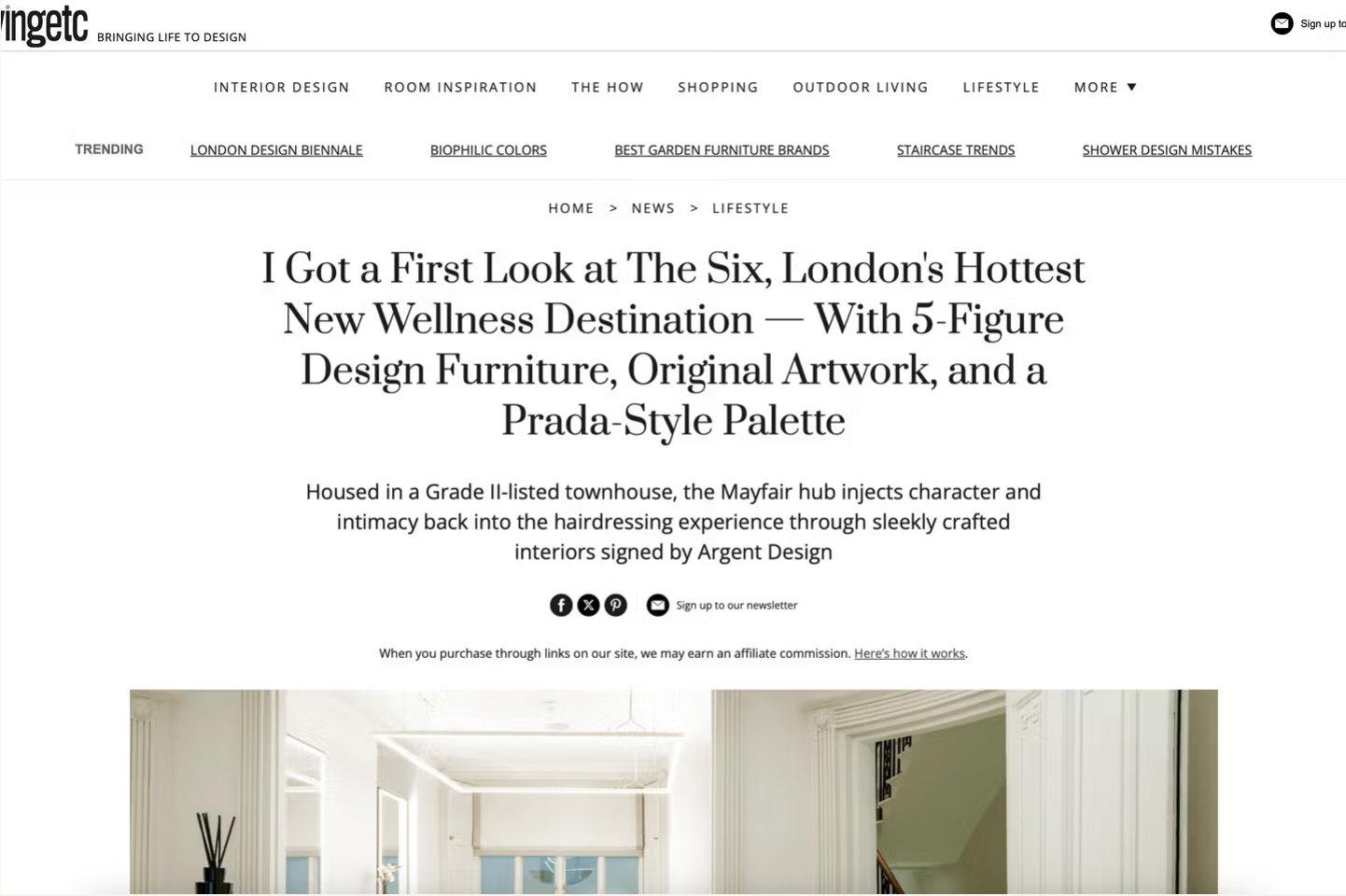 Web page featuring interior design article with headline, navigation menu, and a photo of The Six interior space with white walls and architectural details.